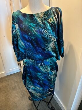 Bisou Bisou Blue Teal Abstract Midi Dress
